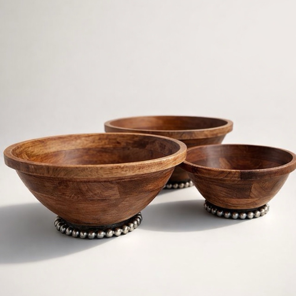 ACACIA WOODEN BOWLS (SET OF 3) MADE IN INDIA‎ STAINLESS ACCENT BEADED BASE EUC